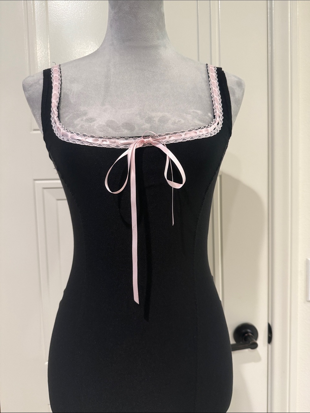 Windsor Black Mini Dress with Pink Trim and Ribbon